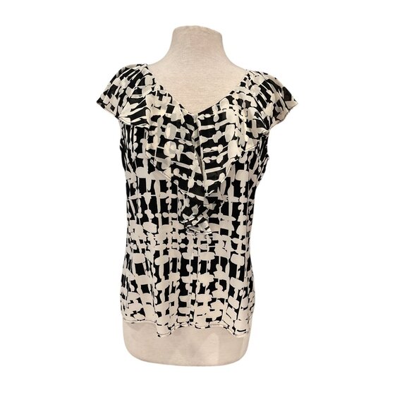 St. John Womens Ruffled Cap Sleeve Blouse Black & White Abstract Print Size 8 Si - Picture 1 of 8